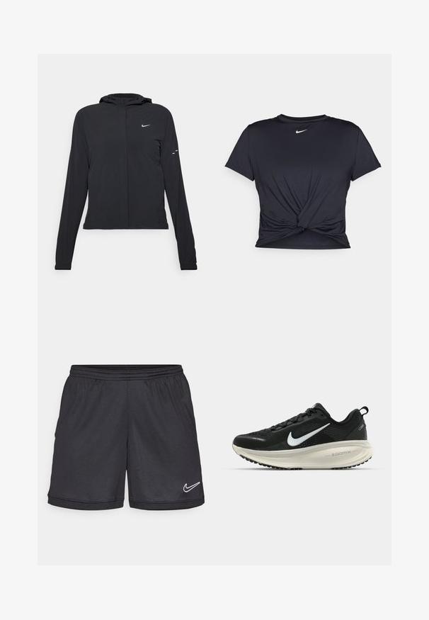 Black hooded jacket with long sleeves, made from lightweight material. Features a front zipper, a Nike logo, and subtle design accents.; Black athletic t-shirt made of smooth fabric, featuring a knotted front design and a small white Nike logo on the chest.; Black athletic shorts with an elastic waistband, featuring a white Nike logo on the lower right hem and a smooth, lightweight fabric.; Black Nike running shoe with breathable mesh upper, white swoosh logo, textured detailing, and a cream-colored ZoomX midsole.