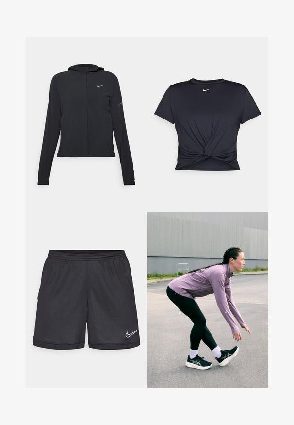 Black hooded jacket with long sleeves, made from lightweight material. Features a front zipper, a Nike logo, and subtle design accents.; Black athletic t-shirt made of smooth fabric, featuring a knotted front design and a small white Nike logo on the chest.; Black athletic shorts with an elastic waistband, featuring a white Nike logo on the lower right hem and a smooth, lightweight fabric.; Athletic apparel featuring a light purple, long-sleeve top, black leggings with textured accents, and black running shoes with white soles.