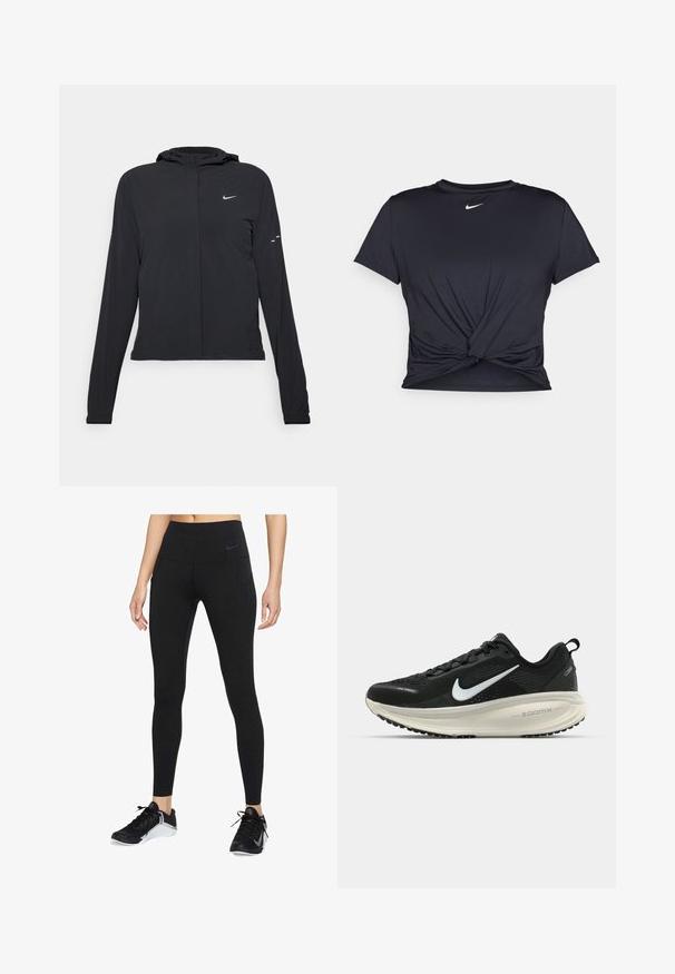 Fekete kapucnis dzseki hosszú ujjakkal, könnyű anyagból készült. Elülső cipzárral, Nike logóval és diszkrét dizájn elemekkel rendelkezik.; Fekete sportpóló sima anyagból, elöl megkötős dizájnnal, a mellkason egy kis fehér Nike logóval.; Fekete sport legginszek magas derékkal, rugalmas anyagból. Oldalsó zsebekkel rendelkezik, és diszkrét Nike logó található a derékrészen.; Fekete Nike futócipő légáteresztő hálós felsőrésszel, fehér Swoosh logóval, textúrázott részletekkel és krém színű ZoomX középtalppal.