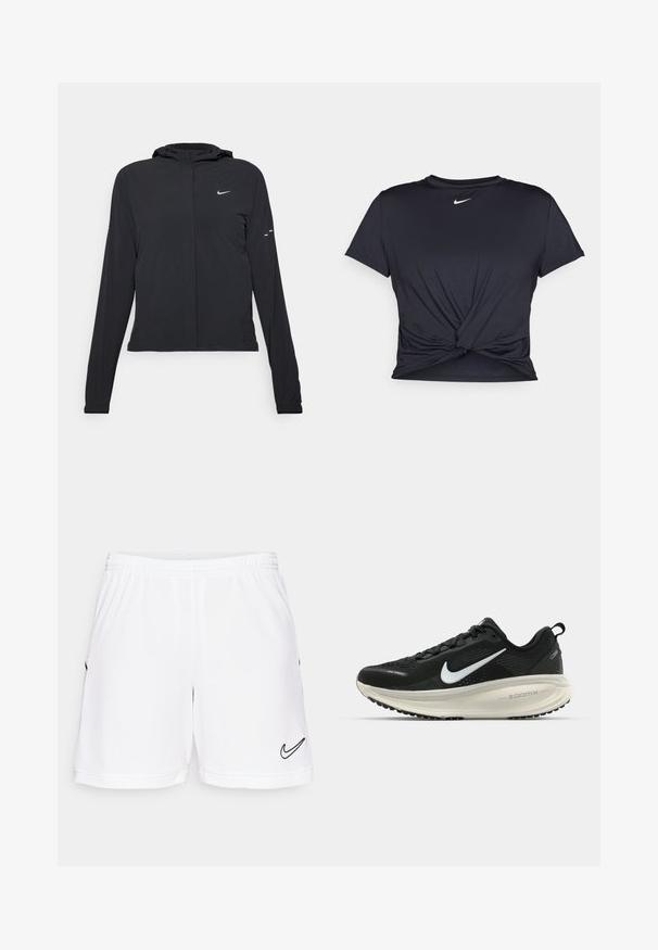 Casaco preto com capuz e mangas longas, feito de material leve. Apresenta um fecho dourado na frente, um logótipo da Nike e detalhes de design subtis.; T-shirt atlético preto feito de tecido liso, apresentando um design frontal com nó e um pequeno logótipo branco da Nike no peito.; Calças de desporto brancas com uma cintura elástica, apresentando um logótipo da Nike em preto no lado esquerdo inferior e um detalhe texturizado subtil.; Sapatilha de corrida Nike preta com parte superior de malha respirável, logotipo Swoosh branco, detalhes texturizados e uma entressola ZoomX na cor creme.