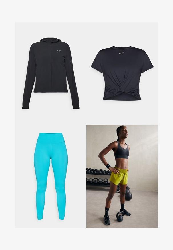 Chaqueta negra con capucha y mangas largas, hecha de un material ligero. Presenta un cierre frontal, un logo de Nike y acentos de diseño sutiles.; Camiseta atlética negra hecha de tela suave, con un diseño de nudo en la parte delantera y un pequeño logo blanco de Nike en el pecho.; Mallas azul claro hechas de una tela elástica, con una cintura alta, textura suave y un diseño ajustado.; Sujetador deportivo negro, pantalones cortos amarillos brillantes con cinturilla elástica, zapatillas de deporte negras y muñequeras, de pie junto a kettlebells.
