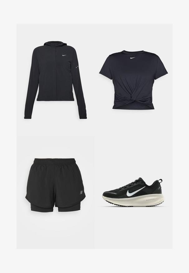 Juodas gobtuvas striukė su ilgomis rankovėmis, pagaminta iš lengvo audinio. Pasižymi priekiniais užtrauktukais, Nike logotipu ir subtiliais dizaino akcentais.; Juodas sportinis marškinėlis, pagamintas iš lygios medžiagos, su surišta priekiu ir mažu baltu Nike logotipu ant krūtinės.; Juodos sportinės šortai su elastinga juosmens juosta, turintys sluoksniuotą dizainą ir vidinį pamušalą. Audinys atrodo lengvas ir lygus.; Juodas Nike sportinis batelis su kvėpuojančiu tinklu, baltu swoosh logotipu, tekstūruoto dizaino detalėmis ir grietinėlės spalvos ZoomX viduriu.
