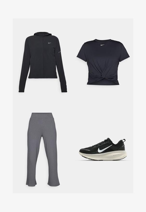 Černá kapucňová bunda s dlouhými rukávy, vyrobená z lehkého materiálu. Obsahuje přední zip, logo Nike a decentní designové akcenty.; Černé sportovní tričko vyrobené z hladkého materiálu, s uzlovým designem vpředu a malým bílým logem Nike na hrudi.; Yogasearcher MATSYA - Teplákové kalhoty - lavastone; Černá běžecká obuv Nike s prodyšným síťovaným svrškem, bílým logem swoosh, texturovanými detaily a krémovou mezipodešví ZoomX.