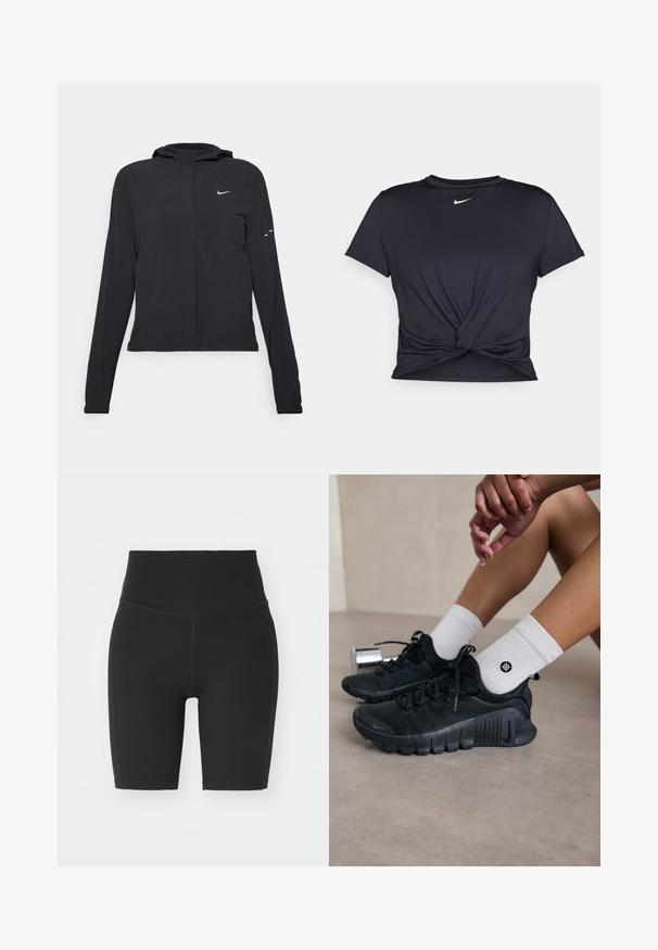Chaqueta negra con capucha y mangas largas, hecha de un material ligero. Presenta un cierre frontal, un logo de Nike y acentos de diseño sutiles.; Camiseta atlética negra hecha de tela suave, con un diseño de nudo en la parte delantera y un pequeño logo blanco de Nike en el pecho.; Pantalones cortos de ciclismo negros de talle alto, hechos de tela elástica. Presentan costuras planas y un diseño ajustado para mayor comodidad y libertad de movimiento.; Zapatillas deportivas negras con tejido texturizado, diseño de cordones y una suela prominente, combinadas con calcetines blancos de canalé que presentan un pequeño logo.