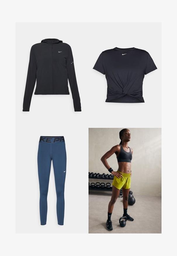Mustassa hupparissa on pitkät hihat, ja se on valmistettu kevyestä materiaalista. Siinä on edessä vetoketju, Nike-logo ja hillityt muotoiluyksityiskohdat.; Musta urheilu T-paita, joka on valmistettu sileästä kankaasta, jossa on solmittu etuosa ja pieni valkoinen Nike-logo rinnassa.; Laivastonsinisiä leggingsejä, jotka on valmistettu venyvästä kankaasta. Niissä on musta vyötärö, jossa on "NIKE PRO" -brändäys, sekä pieni valkoinen Nike-logo lahkeessa.; Musta urheiluliivi, kirkkaat keltaiset shortsit, joissa on joustava vyötärö, mustat urheilu-kengät ja rannetuet, seisomassa kettlebellien vieressä.