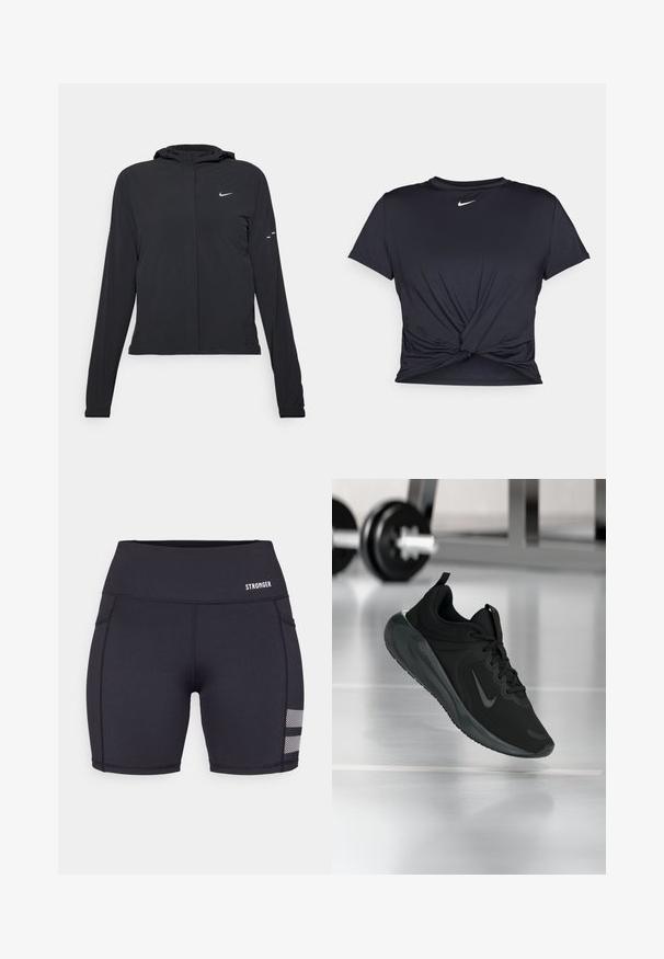 Mustassa hupparissa on pitkät hihat, ja se on valmistettu kevyestä materiaalista. Siinä on edessä vetoketju, Nike-logo ja hillityt muotoiluyksityiskohdat.; Musta urheilu T-paita, joka on valmistettu sileästä kankaasta, jossa on solmittu etuosa ja pieni valkoinen Nike-logo rinnassa.; Mustat urheilushortsit, jotka on valmistettu venyvästä kankaasta. Ominaisuuksiin kuuluu sileät saumat, korkea vyötärö ja verkkomaiset yksityiskohdat helman läheisyydessä. Brändilogon esittely.; Musta urheilusneekeri, jossa on Nike-logo, esitetty ilmassa kuntosalilattialla, taustalla sumea käsipainohylly.