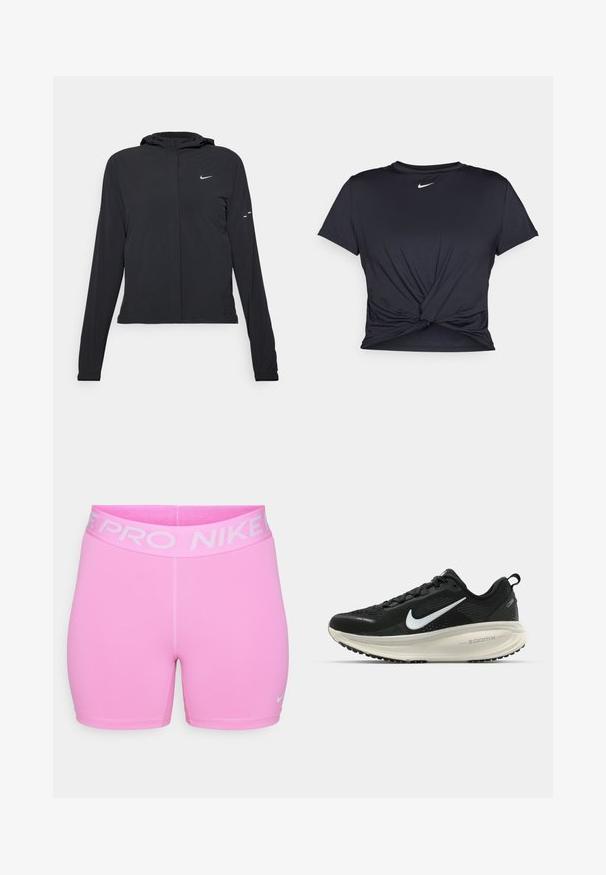 Juodas gobtuvas striukė su ilgomis rankovėmis, pagaminta iš lengvo audinio. Pasižymi priekiniais užtrauktukais, Nike logotipu ir subtiliais dizaino akcentais.; Juodas sportinis marškinėlis, pagamintas iš lygios medžiagos, su surišta priekiu ir mažu baltu Nike logotipu ant krūtinės.; Nike Pro šortai ryškiai rožinės spalvos, pagaminti iš lygaus sintetinio audinio. Yra platus logotipo juostos dizainas ir siaura siluetas, su kontrastinga siuvimo linija.; Juodas Nike sportinis batelis su kvėpuojančiu tinklu, baltu swoosh logotipu, tekstūruoto dizaino detalėmis ir grietinėlės spalvos ZoomX viduriu.