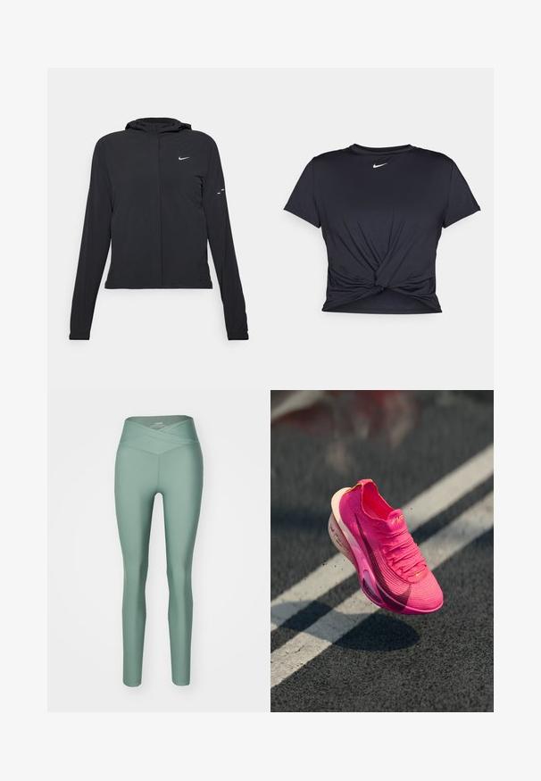 Juodas gobtuvas striukė su ilgomis rankovėmis, pagaminta iš lengvo audinio. Pasižymi priekiniais užtrauktukais, Nike logotipu ir subtiliais dizaino akcentais.; Juodas sportinis marškinėlis, pagamintas iš lygios medžiagos, su surišta priekiu ir mažu baltu Nike logotipu ant krūtinės.; Žalios aukštos juosmens leggingis su kryžminiu diržu, pagaminti iš elastingos medžiagos, pasižymintys lygiu paviršiumi ir prigludusia forma.; Sportiniai bateliai ryškiai rožinės spalvos, megzti, su tekstūruota paviršiaus struktūra, tinklinė viršutinė dalis ir balta tarpinė. Puošia tamsiai rožinis "swoosh" logotipas.