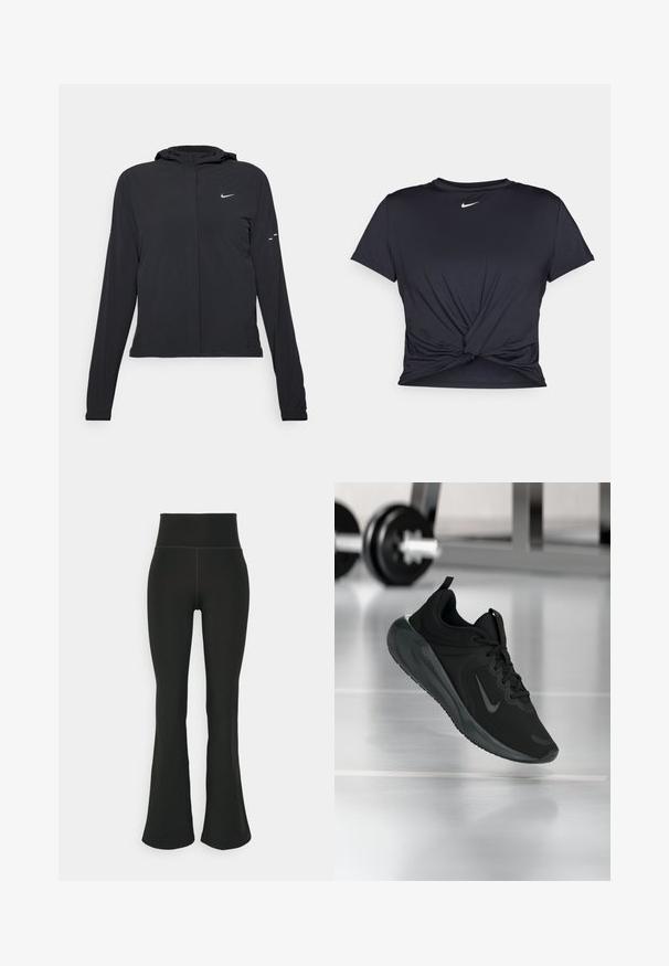 Casaco preto com capuz e mangas longas, feito de material leve. Apresenta um fecho dourado na frente, um logótipo da Nike e detalhes de design subtis.; T-shirt atlético preto feito de tecido liso, apresentando um design frontal com nó e um pequeno logótipo branco da Nike no peito.; Leggings pretos de corte amplo com uma cintura alta, feitos de material elástico. Textura suave com detalhes de costura mínimos.; Sapatilha desportiva preta com o logotipo da Nike, mostrada em pleno ar sobre o chão do ginásio, com um suporte de halteres desfocado ao fundo.