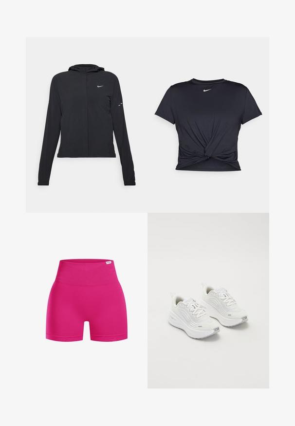 Czarna kurtka z kapturem, z długimi rękawami, wykonana z lekkiego materiału. Posiada zamek błyskawiczny z przodu, logo Nike oraz subtelne akcenty wzornicze.; Czarna sportowa koszulka z gładkiego materiału, z wiązanym przodem i małym białym logo Nike na piersi.; Różowe szorty o wysokim stanie wykonane z elastycznego materiału, charakteryzujące się gładką teksturą i dopasowanym krojem. Brak widocznych logo lub wzorów.; Białe buty sportowe z teksturowaną siateczką u góry, amortyzowana podeszwa i subtelne szare akcenty. Zawierają logo i pętlę z tyłu dla łatwego zakładania.