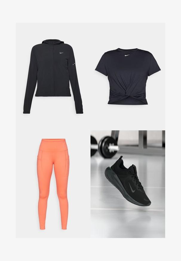Giacca nera con cappuccio e maniche lunghe, realizzata in materiale leggero. Presenta una zip frontale, il logo Nike e accenti di design sottili.; Maglietta atletica nera realizzata in tessuto liscio, con un design anteriore annodato e un piccolo logo Nike bianco sul petto.; Leggings a vita alta, aderenti, di un vivace corallo, con tasche laterali e cuciture a contrasto per un tocco in più. Realizzati in tessuto elasticizzato.; Sneaker sportivo nero con logo Nike, mostrato in volo su un pavimento da palestra, con un supporto per pesi sfocato sullo sfondo.