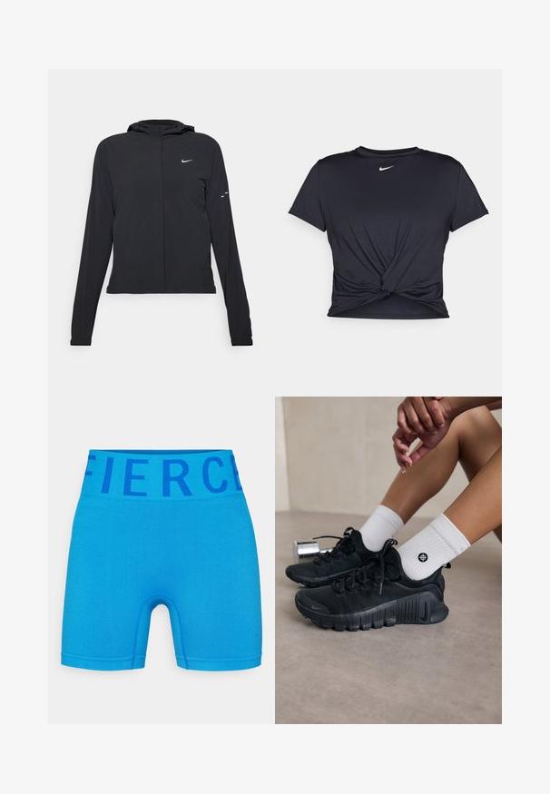 Black hooded jacket with long sleeves, made from lightweight material. Features a front zipper, a Nike logo, and subtle design accents.; Black athletic t-shirt made of smooth fabric, featuring a knotted front design and a small white Nike logo on the chest.; Blue athletic shorts made of stretch fabric, featuring a wide waistband with the word "Fierce" in dark blue. Smooth surface and fitted design.; Black athletic shoes with textured fabric, laced design, and a prominent sole, paired with white ribbed socks featuring a small logo.
