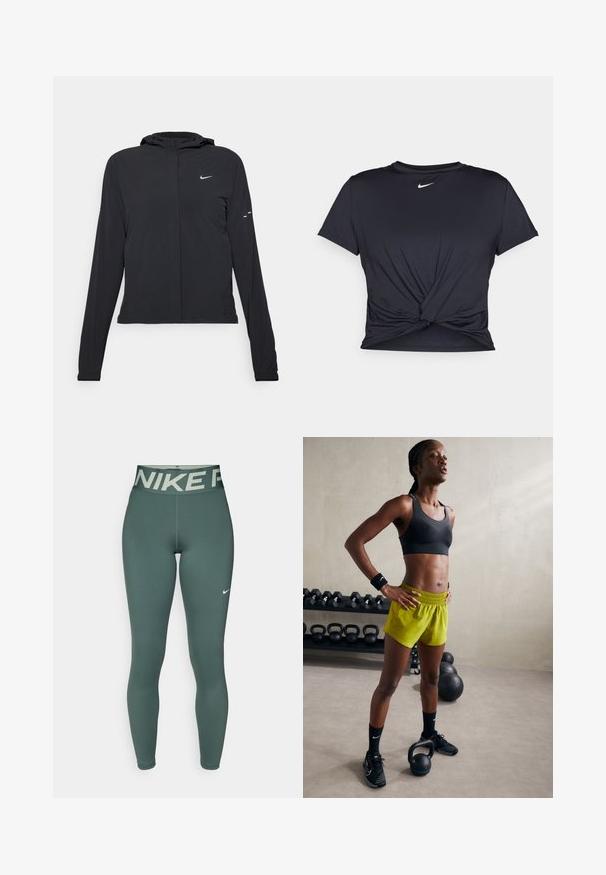 Casaco preto com capuz e mangas longas, feito de material leve. Apresenta um fecho dourado na frente, um logótipo da Nike e detalhes de design subtis.; T-shirt atlético preto feito de tecido liso, apresentando um design frontal com nó e um pequeno logótipo branco da Nike no peito.; Leggings atléticas verdes com uma cintura larga destacando o logo "NIKE PRO", um corte justo e textura suave; projetadas para conforto e mobilidade.; Sutiã desportivo preto, calções amarelos brilhantes com cintura elástica, sapatos de atletismo pretos e pulseiras, de pé ao lado de kettlebells.
