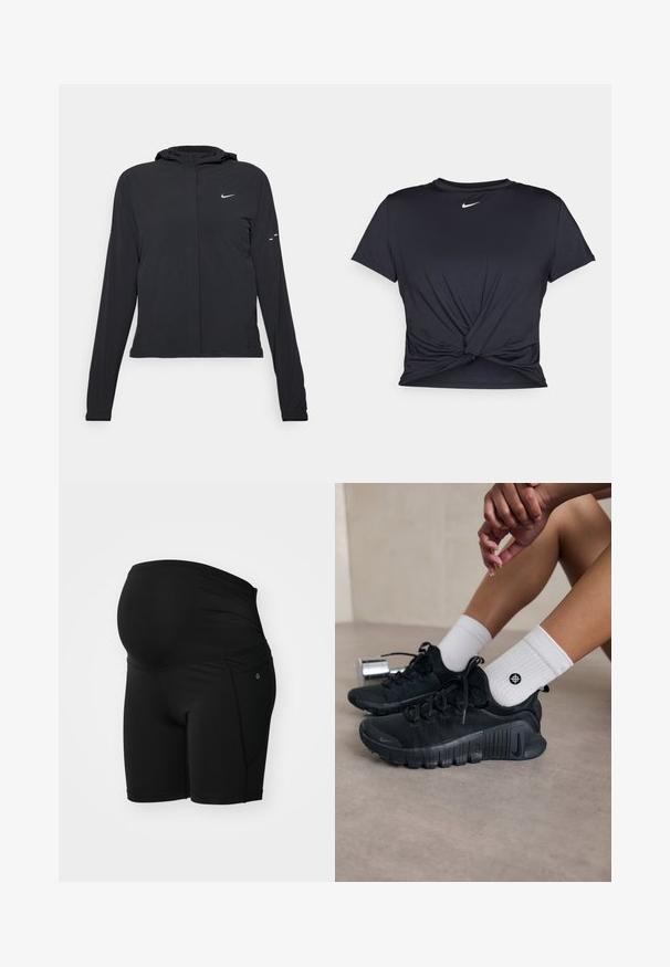 Giacca nera con cappuccio e maniche lunghe, realizzata in materiale leggero. Presenta una zip frontale, il logo Nike e accenti di design sottili.; Maglietta atletica nera realizzata in tessuto liscio, con un design anteriore annodato e un piccolo logo Nike bianco sul petto.; Pantaloni corti da maternità neri realizzati in un tessuto liscio e elasticizzato; presentano una vita ampia arricciata e una tasca laterale per la comodità.; Scarpe da ginnastica nere con tessuto texturizzato, design con lacci e suola prominente, abbinate a calze bianche a coste con un piccolo logo.