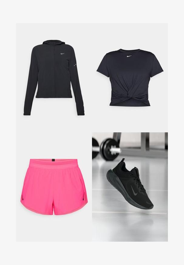 Juodas gobtuvas striukė su ilgomis rankovėmis, pagaminta iš lengvo audinio. Pasižymi priekiniais užtrauktukais, Nike logotipu ir subtiliais dizaino akcentais.; Juodas sportinis marškinėlis, pagamintas iš lygios medžiagos, su surišta priekiu ir mažu baltu Nike logotipu ant krūtinės.; Rožinės sportinės šortai su pralaidžiu juosmeniu, turi šonines kišenes ir mažą juodą Nike logotipą kairėje pusėje. Lygus audinys.; Juodas sportinis sportbačiai su Nike logotipu, pavaizduoti ore virš sporto salės grindų, fone išblurinta hantelių laikiklis.