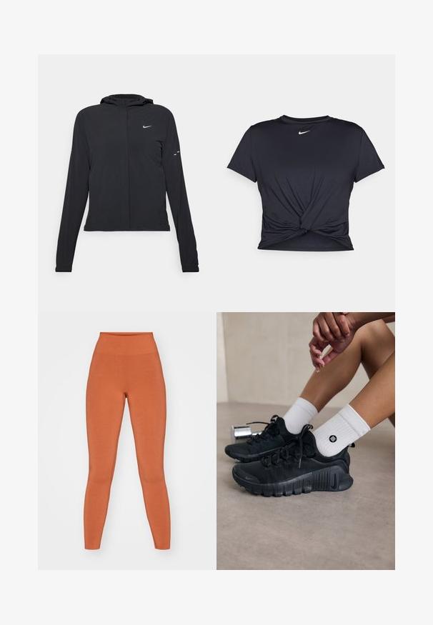 Must musta kapuutsiga jakk, millel on pikad varrukad ja mis on valmistatud kergetest materjalidest. Omab esitaskut, Nike logo ja kergelt silmatorkavaid disainiaktsente.; Mustmust musta sportlik T-särk, mis on valmistatud sujuvast kangast, millel on sõlmega esikülg ja väike valge Nike logo rinnal.; Oranžid kõrge vöökohaga retuusid, mis on valmistatud pehmest ja venivast kangast. Sile tekstuur, hästi liibuva siluettiga, õmblusteta konstruktsioon ja pahkluu pikkus.; Mustad must спортjalatsid tekstuurse kangaga, nöörimise disainiga ja silmapaistva tallaga, koos valgete ribafreeside sokkidega, millel on väike logo.