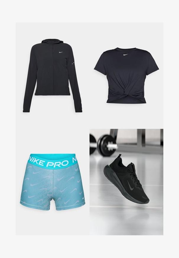 Casaco preto com capuz e mangas longas, feito de material leve. Apresenta um fecho dourado na frente, um logótipo da Nike e detalhes de design subtis.; T-shirt atlético preto feito de tecido liso, apresentando um design frontal com nó e um pequeno logótipo branco da Nike no peito.; Calções Nike Pro em turquesa com uma cinta canelada. Apresentam o logotipo da Nike em branco e acentos discretos em padrão por todo o tecido.; Sapatilha desportiva preta com o logotipo da Nike, mostrada em pleno ar sobre o chão do ginásio, com um suporte de halteres desfocado ao fundo.