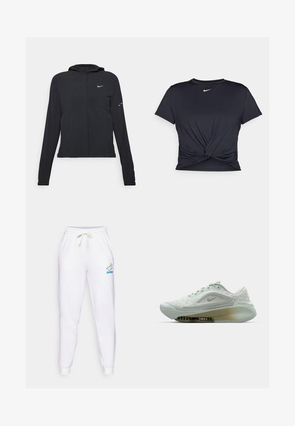 Čierna kapucňová bunda s dlhou rukávou, vyrobená z ľahkého materiálu. Má predný zips, logo Nike a jemné dizajnové akcenty.; Čierne atletické tričko vyrobené z hladkej tkaniny, so zaväzovaným predným dizajnom a malým bielym logom Nike na hrudi.; Biele teplákové nohavice s elastickým pásom a nastaviteľnou šnúrkou. Na ľavom stehne sa nachádza modré a viacfarebné logo Lotto.; Biele športové topánky s textúrovaným zvrškom, zaoblenou špičkou, šnúrkami a viditeľným odpružením v podrážke. Obsahujú zlaté logo Nike a elegantný dizajn.