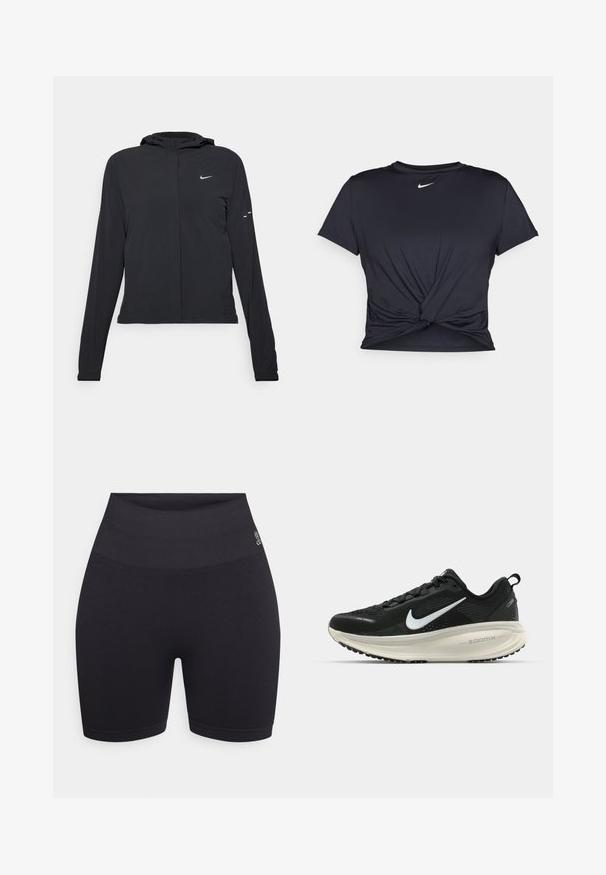 Svart huva jacka med långa ärmar, gjord av lätt material. Har en framdragare, en Nike-logotyp och subtila designelement.; Svart atletisk t-shirt i mjukt tyg, med en knuten framdesign och en liten vit Nike-logga på bröstet.; Svart högmidjad cykelbyxor gjorda av stretchigt material. Har en slät midja och åtsittande benöppningar med en logotypdetalj på sidan.; Svart Nike löparsko med andningsbart mesh-ovandel, vit swoosh-logotyp, texturerad detaljering och en krämfärgad ZoomX-mellansula.