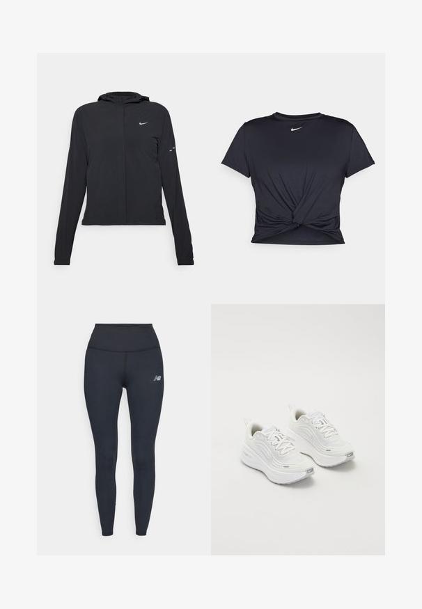 Mustassa hupparissa on pitkät hihat, ja se on valmistettu kevyestä materiaalista. Siinä on edessä vetoketju, Nike-logo ja hillityt muotoiluyksityiskohdat.; Musta urheilu T-paita, joka on valmistettu sileästä kankaasta, jossa on solmittu etuosa ja pieni valkoinen Nike-logo rinnassa.; Mustat korkeavyötäröiset legginssit joustavasta materiaalista, joissa on tyylikäs muotoilu ja pieni heijastava logo reidessä.; Valkoiset urheilukengät, joissa on teksturoitu verkkoma upper, pehmustettu pohja ja hillityt harmaat yksityiskohdat. Mukana brändäys ja silmukkamuotoinen kantapäänvetotappi helppoa pukeutumista varten.