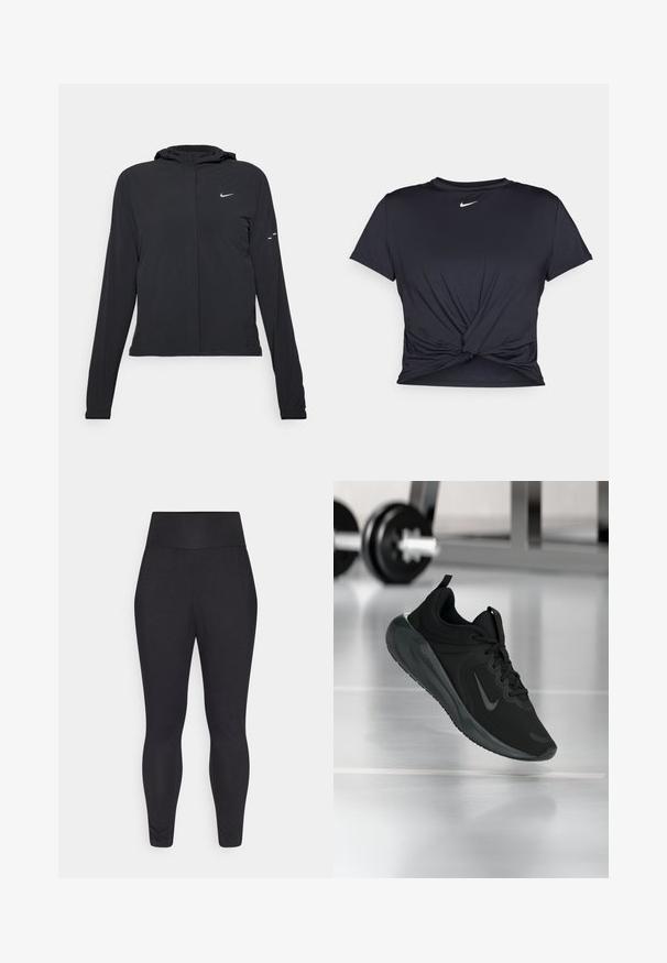 Zwarte kaptrui met lange mouwen, gemaakt van lichtgewicht materiaal. Voorzien van een ritssluiting aan de voorkant, een Nike-logo en subtiele ontwerpelementen.; Zwarte sportieve T-shirt van gladde stof, met een geknoopt ontwerp aan de voorkant en een klein wit Nike-logo op de borst.; Zwarte leggings met een hoge tailleband, met een soepele textuur en een aangesloten ontwerp, dat naar de enkels toe versmalt met subtiele ruchingdetails.; Zwarte sportsneaker met Nike-logo, weergegeven in de lucht boven de gymvloer, met een vervaagde halterrek op de achtergrond.