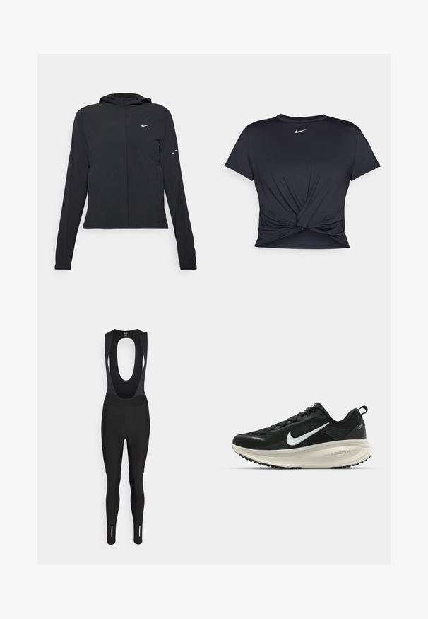 Sort hættetrøje med lange ærmer, lavet af letvægtsmateriale. Har en frontlynlås, et Nike-logo og subtile designaccenter.; Sort atletisk t-shirt lavet af glat stof, med et knyttet frontdesign og et lille hvidt Nike-logo på brystet.; Rapha WOMENS CORE CARGO WINTER WITH PAD - Tights - black; Sort Nike løbesko med åndbart mesh-overdel, hvidt swoosh-logo, tekstureret detaljering og en cremede ZoomX mellemsål.