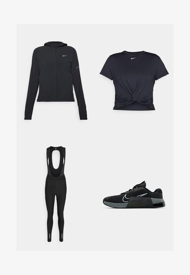 Mustassa hupparissa on pitkät hihat, ja se on valmistettu kevyestä materiaalista. Siinä on edessä vetoketju, Nike-logo ja hillityt muotoiluyksityiskohdat.; Musta urheilu T-paita, joka on valmistettu sileästä kankaasta, jossa on solmittu etuosa ja pieni valkoinen Nike-logo rinnassa.; Rapha WOMENS CORE CARGO WINTER  WITH PAD - Trikoot - black; Musta urheilukenkä, jossa on verkkoyläosa, harmaat yksityiskohdat ja teksturoitu välikerros. Varustettu huomattavalla logolla ja nyörityksellä. Kumipohja tarjoaa pitoa.