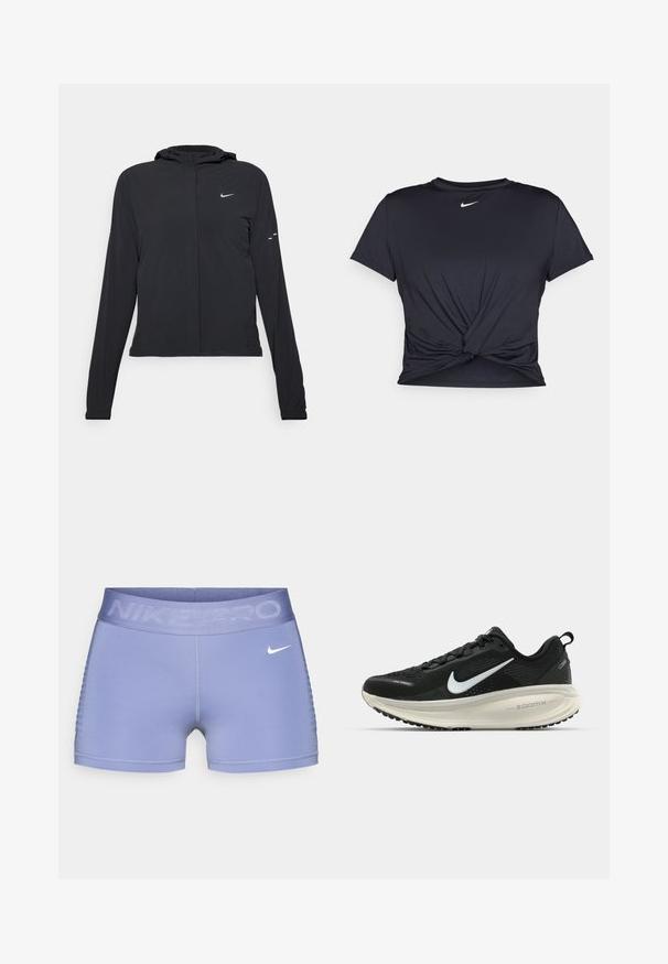Czarna kurtka z kapturem, z długimi rękawami, wykonana z lekkiego materiału. Posiada zamek błyskawiczny z przodu, logo Nike oraz subtelne akcenty wzornicze.; Czarna sportowa koszulka z gładkiego materiału, z wiązanym przodem i małym białym logo Nike na piersi.; Szorty kompresyjne Nike Pro w jasnym fioletowym kolorze, z szerokim pasem w talii z napisem "NIKE PRO", gładką teksturą oraz wzorzystymi akcentami po bokach.; Czarna biegowa półbut z oddychającej siateczki, białym logo swoosh, teksturowanymi detalami oraz kremową podeszwą środkową ZoomX.