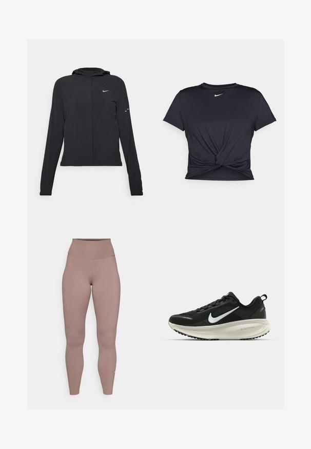 Czarna kurtka z kapturem, z długimi rękawami, wykonana z lekkiego materiału. Posiada zamek błyskawiczny z przodu, logo Nike oraz subtelne akcenty wzornicze.; Czarna sportowa koszulka z gładkiego materiału, z wiązanym przodem i małym białym logo Nike na piersi.; Legginsy z wysokim stanem w stonowanym kolorze mauve, wykonane z gładkiego, elastycznego materiału, z minimalnym przeszyciem i małym logo na dolnym brzegu.; Czarna biegowa półbut z oddychającej siateczki, białym logo swoosh, teksturowanymi detalami oraz kremową podeszwą środkową ZoomX.
