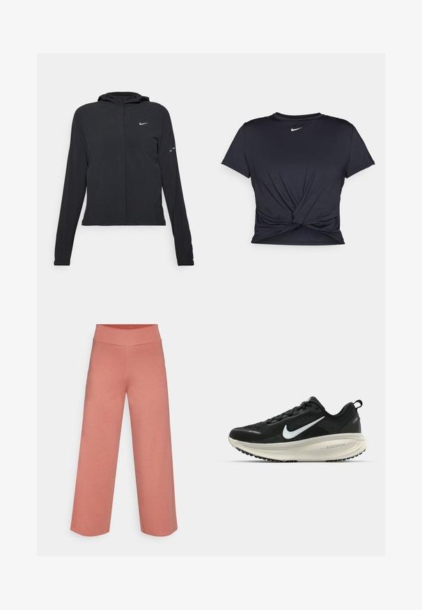 Casaco preto com capuz e mangas longas, feito de material leve. Apresenta um fecho dourado na frente, um logótipo da Nike e detalhes de design subtis.; T-shirt atlético preto feito de tecido liso, apresentando um design frontal com nó e um pequeno logótipo branco da Nike no peito.; Yogasearcher RAVANA FLOWY PANTS - Calças de fato de treino - cedar; Sapatilha de corrida Nike preta com parte superior de malha respirável, logotipo Swoosh branco, detalhes texturizados e uma entressola ZoomX na cor creme.