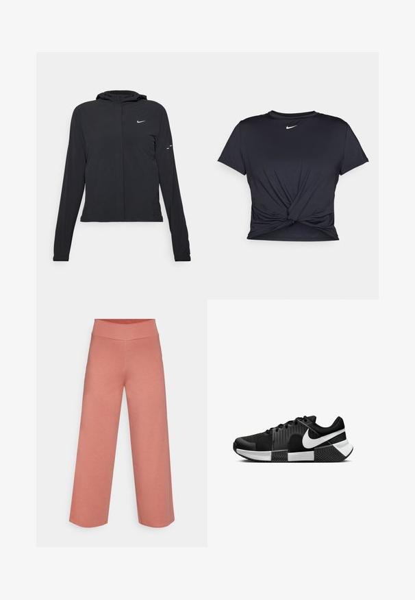 Sort hættetrøje med lange ærmer, lavet af letvægtsmateriale. Har en frontlynlås, et Nike-logo og subtile designaccenter.; Sort atletisk t-shirt lavet af glat stof, med et knyttet frontdesign og et lille hvidt Nike-logo på brystet.; Yogasearcher RAVANA FLOWY PANTS - Træningsbukser - cedar; Sorte sportssko med en mesh-overdel, tekstureret sidepanel og hvide detaljer. Sålen er opdelt med et gummibaseret grebs mønster.