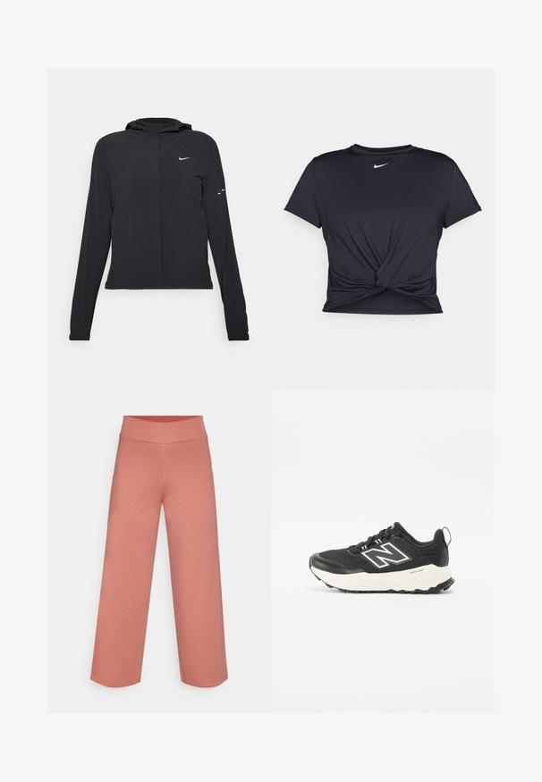 Črna kapuča s dolgimi rokavi, izdelana iz lahkega materiala. Ima sprednji zadrgo, logotip Nike in subtilne oblikovne detajle.; Črna atletska majica iz gladkega materiala, z vozlanim sprednjim delom in majhnim belim logotipom Nike na prsih.; Yogasearcher RAVANA FLOWY PANTS - Spodnji deli trenirk - cedar; Črne športne čevlje z zgornjim delom iz teksturirane tkanine, kontrastno belo srednje podplat in izrazitim sivim logotipom ob strani. Gumijast podplat z oprijemom.