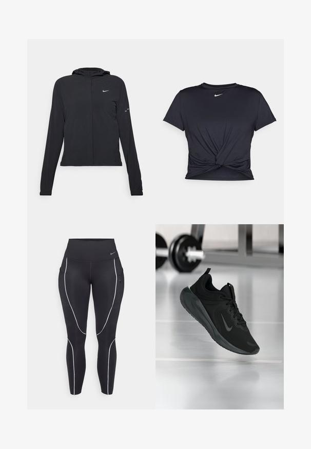 Black hooded jacket with long sleeves, made from lightweight material. Features a front zipper, a Nike logo, and subtle design accents.; Black athletic t-shirt made of smooth fabric, featuring a knotted front design and a small white Nike logo on the chest.; Black leggings with a high waistband, white piping accents, and side pockets. Made of stretchy fabric for comfort and movement.; Black sports sneaker with Nike logo, shown mid-air on gym floor, with blurred dumbbell rack in background.
