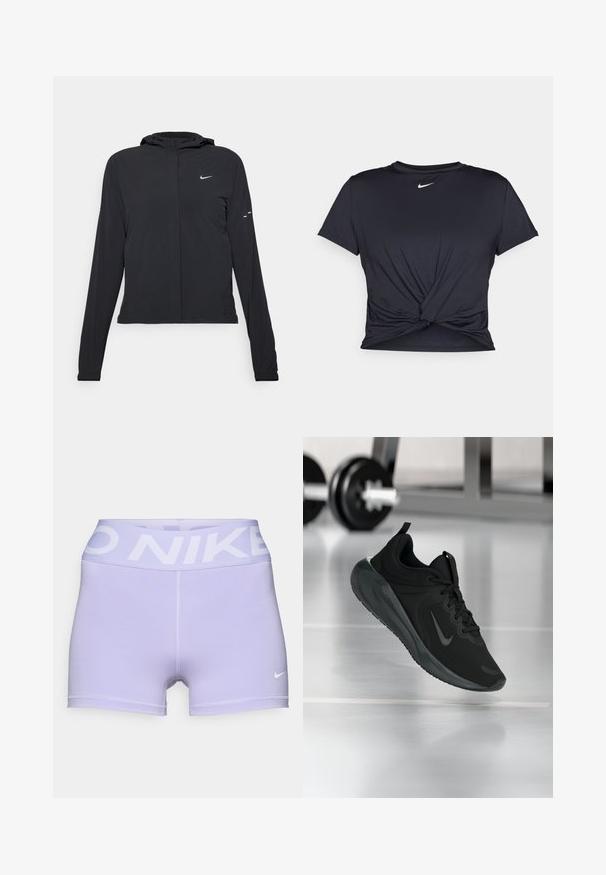 Casaco preto com capuz e mangas longas, feito de material leve. Apresenta um fecho dourado na frente, um logótipo da Nike e detalhes de design subtis.; T-shirt atlético preto feito de tecido liso, apresentando um design frontal com nó e um pequeno logótipo branco da Nike no peito.; Calções atléticos roxos feitos de material elástico. Apresentam uma faixa larga na cintura com "NIKE" impresso em branco e um pequeno logo branco na perna.; Sapatilha desportiva preta com o logotipo da Nike, mostrada em pleno ar sobre o chão do ginásio, com um suporte de halteres desfocado ao fundo.