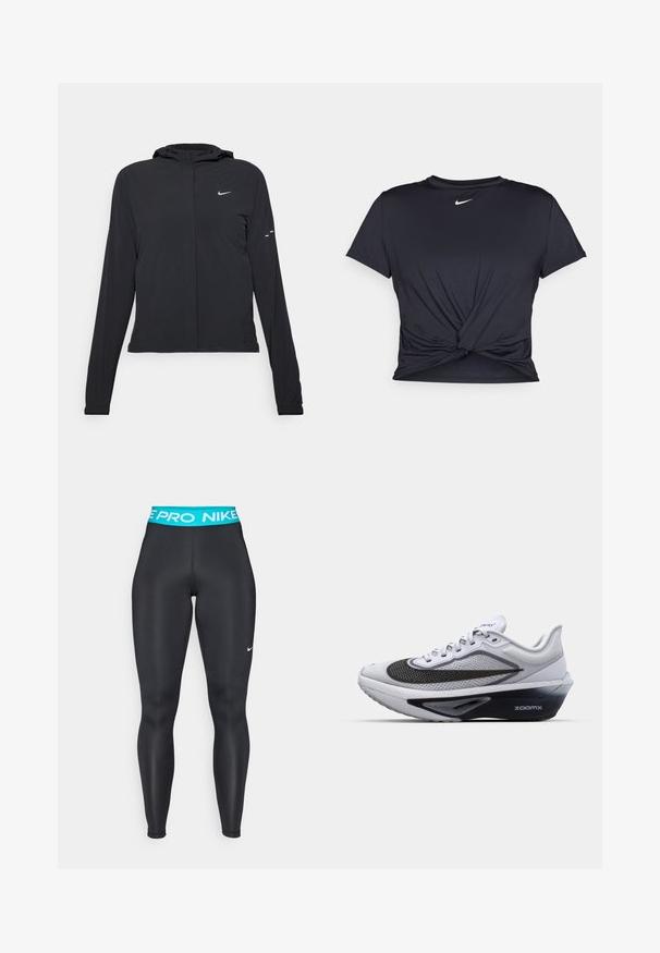 Giacca nera con cappuccio e maniche lunghe, realizzata in materiale leggero. Presenta una zip frontale, il logo Nike e accenti di design sottili.; Maglietta atletica nera realizzata in tessuto liscio, con un design anteriore annodato e un piccolo logo Nike bianco sul petto.; Leggings sportivi neri con una fascia elastica turchese, dotati di un logo Nike bianco sulla gamba sinistra. Materiale liscio e elastico.; Scarpa atletica bianca con tomaia in rete, caratterizzata da un logo swoosh curvato nero, suola con ammortizzazione ZoomX e un design testurizzato per la traspirabilità.
