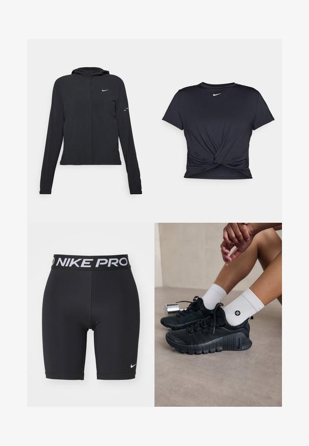 Giacca nera con cappuccio e maniche lunghe, realizzata in materiale leggero. Presenta una zip frontale, il logo Nike e accenti di design sottili.; Maglietta atletica nera realizzata in tessuto liscio, con un design anteriore annodato e un piccolo logo Nike bianco sul petto.; Pantaloni corti da atletica neri con una vita elastica marchiata Nike Pro. Realizzati in tessuto morbido e elasticizzato con un design aderente e cuciture piatte.; Scarpe da ginnastica nere con tessuto texturizzato, design con lacci e suola prominente, abbinate a calze bianche a coste con un piccolo logo.