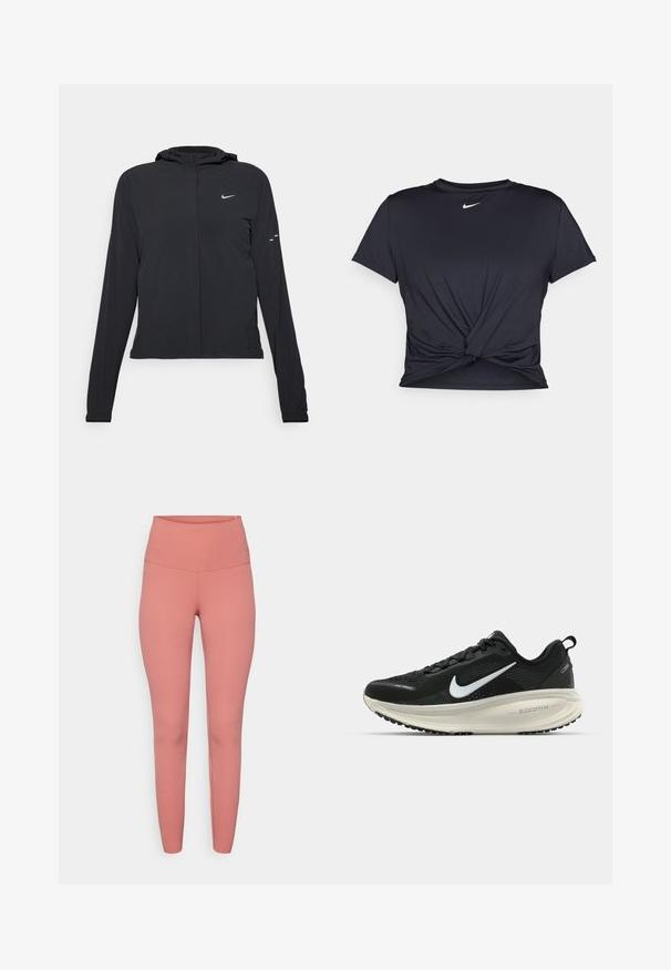 Casaco preto com capuz e mangas longas, feito de material leve. Apresenta um fecho dourado na frente, um logótipo da Nike e detalhes de design subtis.; T-shirt atlético preto feito de tecido liso, apresentando um design frontal com nó e um pequeno logótipo branco da Nike no peito.; Leggings cor-de-rosa de cintura alta feitos de um material elástico, com uma textura suave e um design ajustado sem padrões ou elementos visíveis.; Sapatilha de corrida Nike preta com parte superior de malha respirável, logotipo Swoosh branco, detalhes texturizados e uma entressola ZoomX na cor creme.