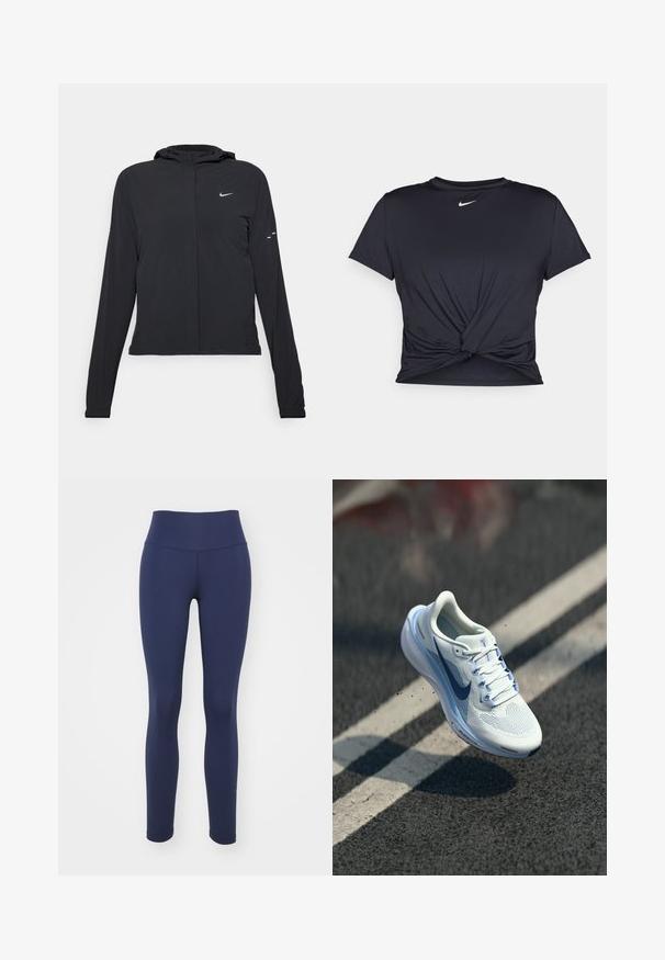 Fekete kapucnis dzseki hosszú ujjakkal, könnyű anyagból készült. Elülső cipzárral, Nike logóval és diszkrét dizájn elemekkel rendelkezik.; Fekete sportpóló sima anyagból, elöl megkötős dizájnnal, a mellkason egy kis fehér Nike logóval.; Nike Performance ONE - Leggingek - obsidian/black; Fehér sportcipő lélegző hálós felsőrésszel és kék kiegészítőkkel. Párnázott talppal és lapos fűzőkkel rendelkezik. A középtalpán az "Air Zoom" márkajelzés látható.
