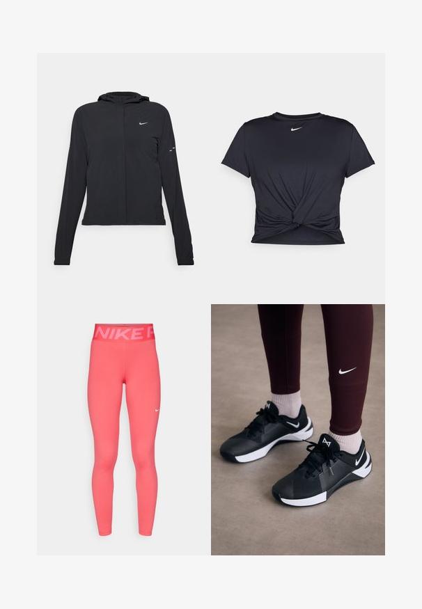 Fekete kapucnis dzseki hosszú ujjakkal, könnyű anyagból készült. Elülső cipzárral, Nike logóval és diszkrét dizájn elemekkel rendelkezik.; Fekete sportpóló sima anyagból, elöl megkötős dizájnnal, a mellkason egy kis fehér Nike logóval.; Rózsaszín Nike legginsz magas derékkal, "NIKE" felirattal, sima, rugalmas anyagból készült. A bokánál egy kis fehér logó található.; Fekete sportcipők texturált felsőrésszel és fehér akcentussal, fűzőkkel és oldalsó logóval. Bordó leggingsszel és világos zoknival viselve.