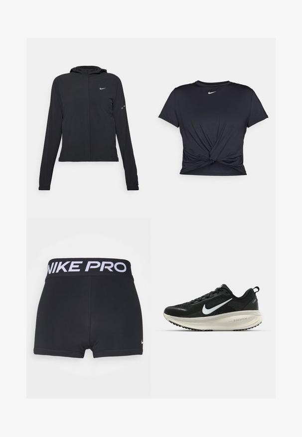Giacca nera con cappuccio e maniche lunghe, realizzata in materiale leggero. Presenta una zip frontale, il logo Nike e accenti di design sottili.; Maglietta atletica nera realizzata in tessuto liscio, con un design anteriore annodato e un piccolo logo Nike bianco sul petto.; Pantaloni sportivi neri con una larga vita nera con la scritta "NIKE PRO" in bianco. Il tessuto è liscio e elastico e si notano le finiture dei lembi.; Scarpa da corsa nera Nike con tomaia in rete traspirante, logo Swoosh bianco, dettagli testurizzati e intersuola ZoomX di colore crema.