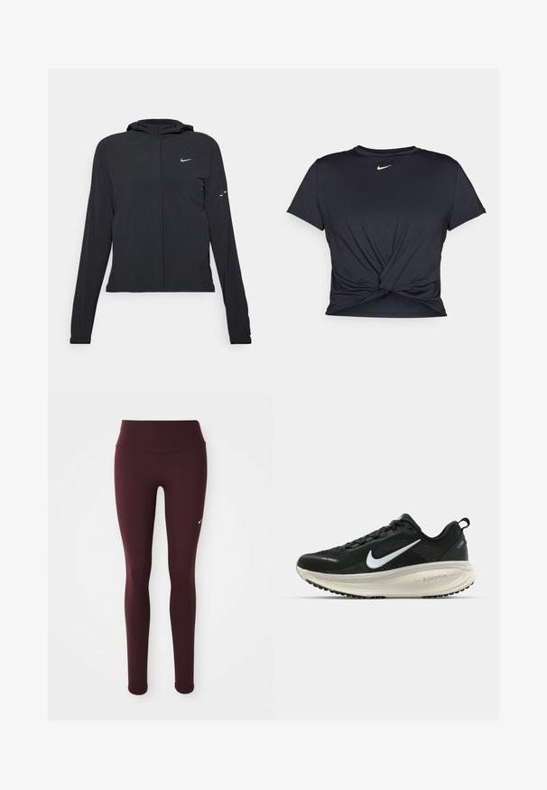 Czarna kurtka z kapturem, z długimi rękawami, wykonana z lekkiego materiału. Posiada zamek błyskawiczny z przodu, logo Nike oraz subtelne akcenty wzornicze.; Czarna sportowa koszulka z gładkiego materiału, z wiązanym przodem i małym białym logo Nike na piersi.; Burgundowe legginsy sportowe z wysokim stanem, dopasowanym krojem i małym białym logo na lewym udzie. Gładka tekstura materiału.; Czarna biegowa półbut z oddychającej siateczki, białym logo swoosh, teksturowanymi detalami oraz kremową podeszwą środkową ZoomX.