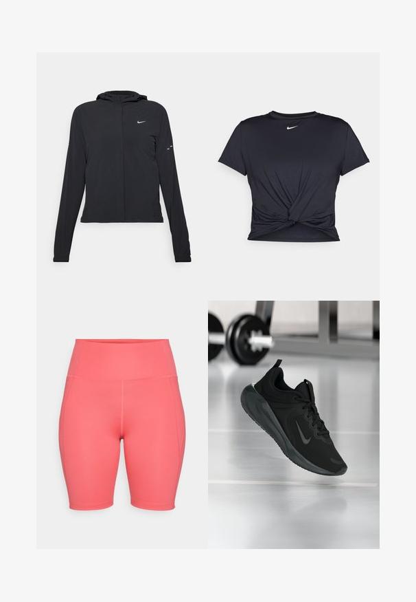 Črna kapuča s dolgimi rokavi, izdelana iz lahkega materiala. Ima sprednji zadrgo, logotip Nike in subtilne oblikovne detajle.; Črna atletska majica iz gladkega materiala, z vozlanim sprednjim delom in majhnim belim logotipom Nike na prsih.; Visoko krojene koralne kolesarske kratke hlače, izdelane iz raztegljivega materiala, z gladko teksturo, stranskimi šivi in dolžino do kolen.; Črne športne teniske z logotipom Nike, prikazane v zraku na telovadni talni površini, v ozadju pa zamegljena vrsta uteži.