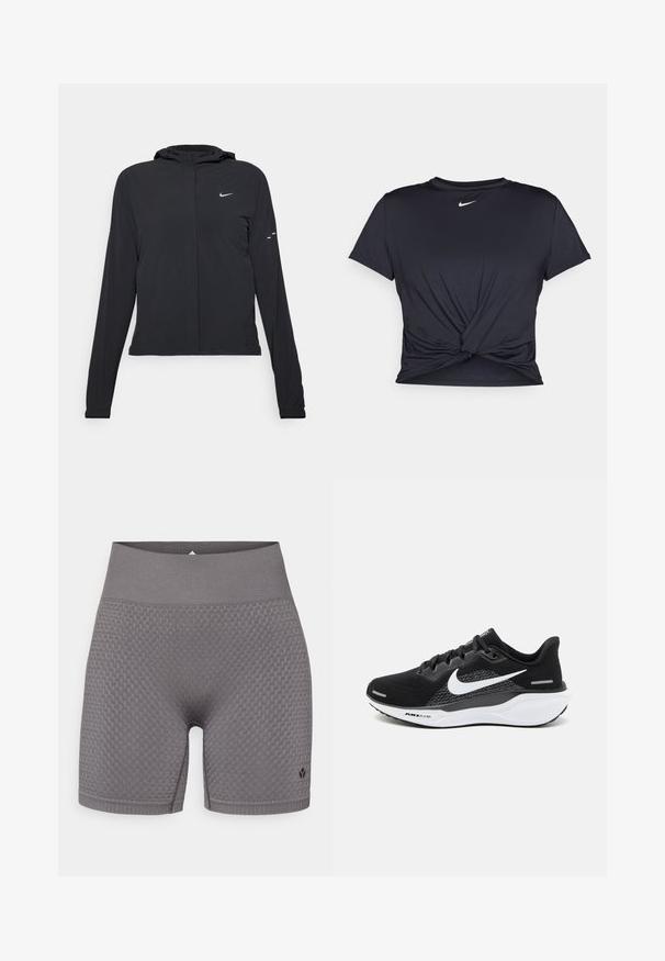 Czarna kurtka z kapturem, z długimi rękawami, wykonana z lekkiego materiału. Posiada zamek błyskawiczny z przodu, logo Nike oraz subtelne akcenty wzornicze.; Czarna sportowa koszulka z gładkiego materiału, z wiązanym przodem i małym białym logo Nike na piersi.; Szare sportowe spodenki z teksturowanego materiału, wyposażone w szeroki elastyczny pas i subtelne logo na dolnej lewej stronie. Tkanina ma wzorzysty design.; Czarny sportowy but z siateczkową cholewką, białym logo Nike oraz białą amortyzującą podeszwą z teksturowanymi detalami.