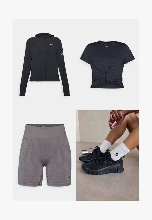 Giacca nera con cappuccio e maniche lunghe, realizzata in materiale leggero. Presenta una zip frontale, il logo Nike e accenti di design sottili.; Maglietta atletica nera realizzata in tessuto liscio, con un design anteriore annodato e un piccolo logo Nike bianco sul petto.; Shorts sportivi grigi con texture, dotati di una ampia vita elasticizzata e un logo discreto sul lato sinistro in basso. Il tessuto presenta un design a motivi.; Scarpe da ginnastica nere con tessuto texturizzato, design con lacci e suola prominente, abbinate a calze bianche a coste con un piccolo logo.