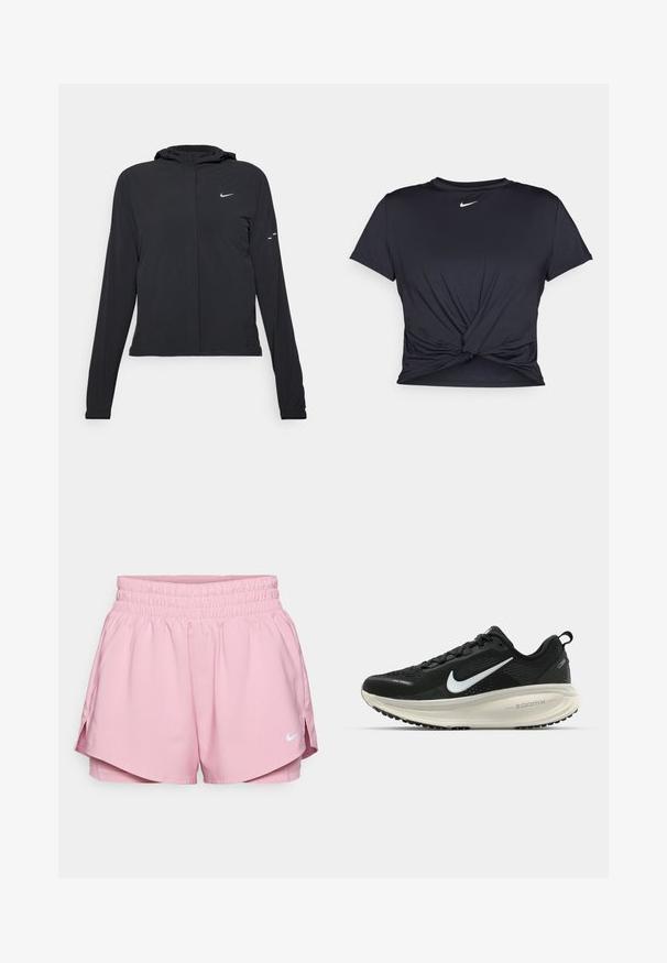 Schwarze Kapuzenjacke mit langen Ärmeln, aus leichtem Material gefertigt. Sie hat einen vorderen Reißverschluss, ein Nike-Logo und dezente Designelemente.; Schwarzes Sport-T-Shirt aus glattem Stoff, mit einem geknoteten Vorderdesign und einem kleinen weißen Nike-Logo auf der Brust.; Nike Performance ONE SHORT - Kurze Sporthose - elemental pink/reflective silver; Schwarzer Nike-Laufschuh mit atmungsaktivem Mesh-Obermaterial, weißem Swoosh-Logo, strukturierten Details und einer cremefarbenen ZoomX-Zwischensohle.