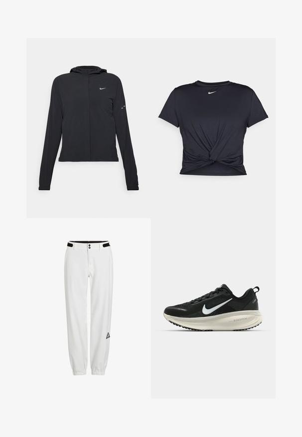 Crna jakna s kapuljačom i dugim rukavima, izrađena od laganog materijala. Ima prednji patentni zatvarač, Nike logo i suptilne dizajnerske detalje.; Crni trenirac s kratkim rukavima izrađen od glatkog materijala, s čvorastim dizajnom sprijeda i malim bijelim Nike logotipom na prsima.; Bijele hlače s elastičnim pojasom, koje sadrže dva dugmeta i crne čičak detalje. Uključuje mali, trokutasti logo pečat sa strane.; Crne Nike trkačke tenisice s prozračnom mrežastom gornjom konstrukcijom, bijelim swoosh logotipom, teksturiranim detaljima i kremastom ZoomX srednjom potplatnom jedinicom.