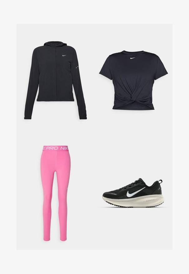 Sort hættetrøje med lange ærmer, lavet af letvægtsmateriale. Har en frontlynlås, et Nike-logo og subtile designaccenter.; Sort atletisk t-shirt lavet af glat stof, med et knyttet frontdesign og et lille hvidt Nike-logo på brystet.; Lyserøde træningsleggings lavet af strækbart materiale, med en bred elastisk talje med "NIKE PRO" trykt og et lille hvidt Nike-logo.; Sort Nike løbesko med åndbart mesh-overdel, hvidt swoosh-logo, tekstureret detaljering og en cremede ZoomX mellemsål.