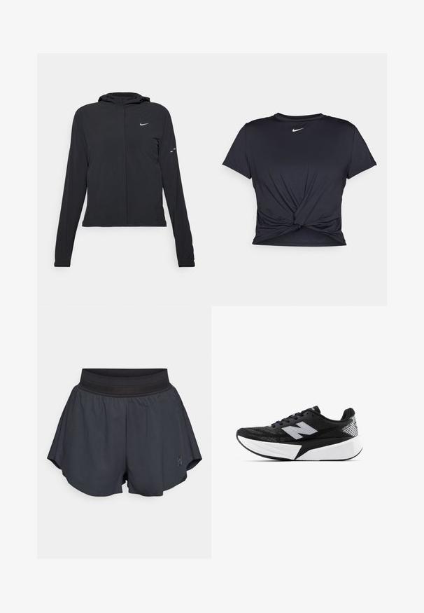 Jachetă neagră cu glugă, cu mâneci lungi, fabricată din material ușor. Dispune de un fermoar frontal, un logo Nike și accente de design subtile.; Tricou sport negru din material neted, cu un design frontal legat și un mic logo Nike alb pe piept.; Pantaloni scurți sport negri, cu un brâu elastic moale, croială lejeră, plisuri ușoare pe laterale și un mic logo în partea frontală de jos.; Pantof de alergare New Balance alb-negru, cu talpă groasă, parte superioară din plasă și logo-ul "N" pe lateral, văzut din partea exterioară.