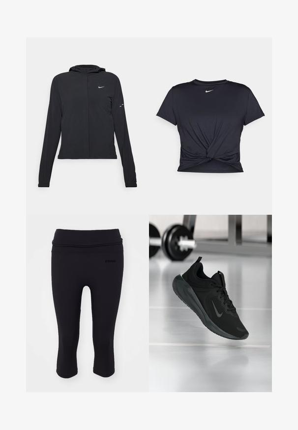 Giacca nera con cappuccio e maniche lunghe, realizzata in materiale leggero. Presenta una zip frontale, il logo Nike e accenti di design sottili.; Maglietta atletica nera realizzata in tessuto liscio, con un design anteriore annodato e un piccolo logo Nike bianco sul petto.; Leggings capri neri realizzati in tessuto elasticizzato con una fascia larga in vita. Presentano la scritta "STRONGER" stampata sul davanti. Texture liscia.; Sneaker sportivo nero con logo Nike, mostrato in volo su un pavimento da palestra, con un supporto per pesi sfocato sullo sfondo.