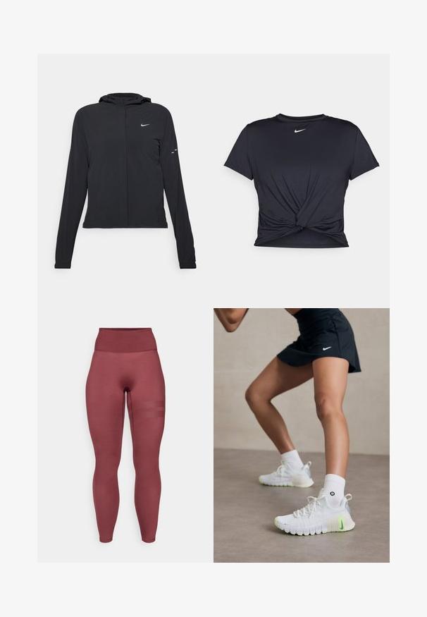Czarna kurtka z kapturem, z długimi rękawami, wykonana z lekkiego materiału. Posiada zamek błyskawiczny z przodu, logo Nike oraz subtelne akcenty wzornicze.; Czarna sportowa koszulka z gładkiego materiału, z wiązanym przodem i małym białym logo Nike na piersi.; Burgundowe legginsy o wysokim stanie wykonane z elastycznego materiału. Charakteryzują się gładką fakturą i trzema poziomymi paskami z siateczki na udzie.; Białe buty sportowe o teksturowanej powierzchni, z neonowozielonymi akcentami i wyraźnym logo Nike. Noszone z białymi skarpetkami do kostek.